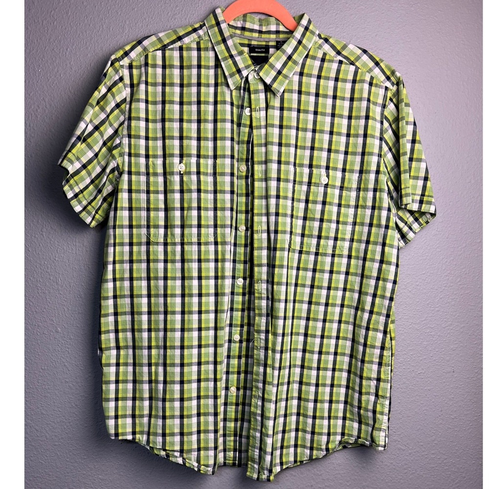J Ferrar Men XL Casual Slim Fit Green Black Plaid Short Sleeve Button Down Shirt
